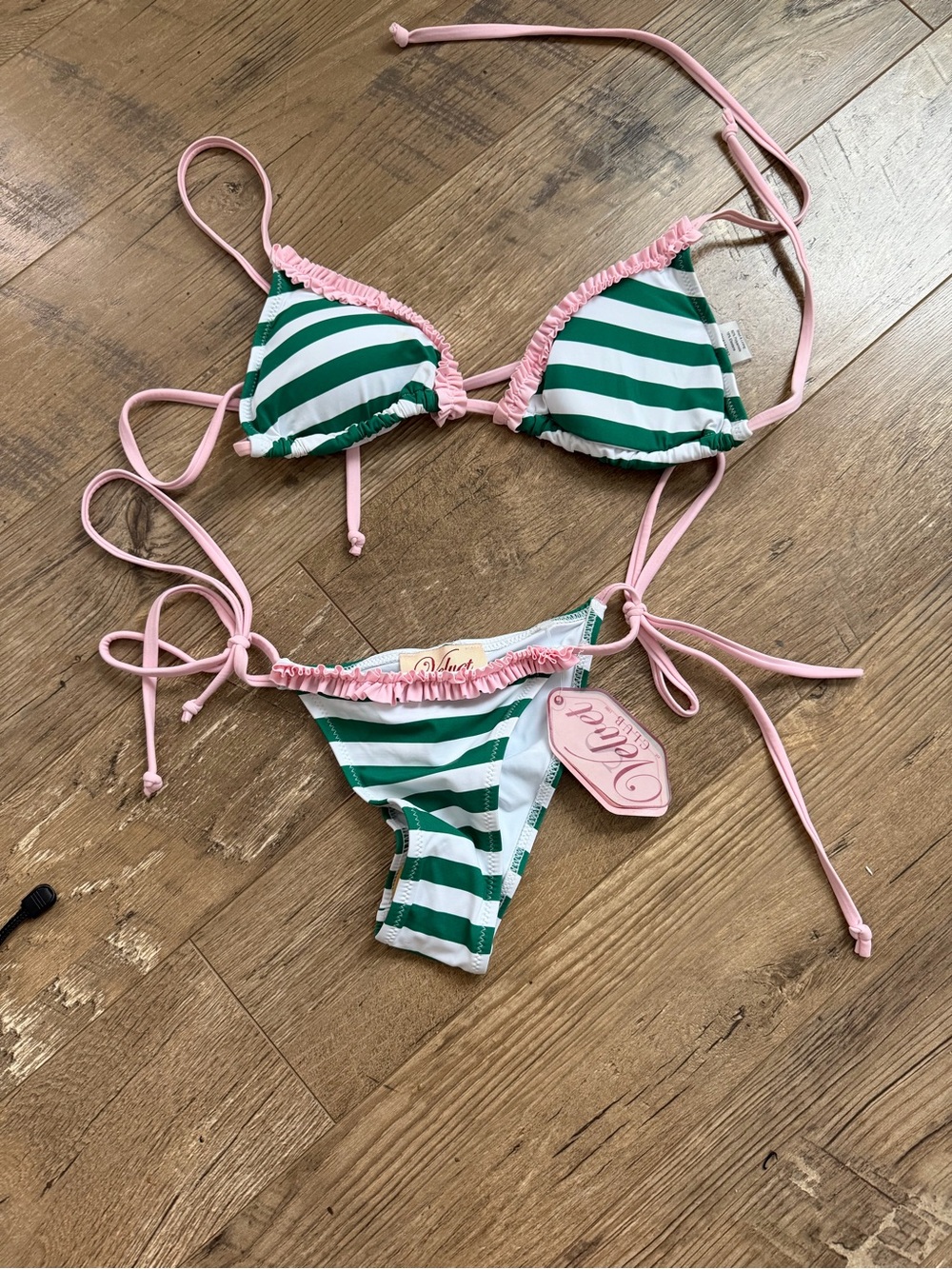 Green & White Striped Tie-Side Bikini with Pink Trim - Women Swim
